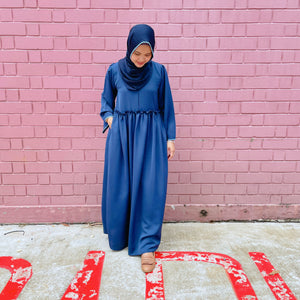 Buka imej dalam pertunjukan slaid,  modesty abaya long dress scallop embroidery shawl attached navy blue starry
