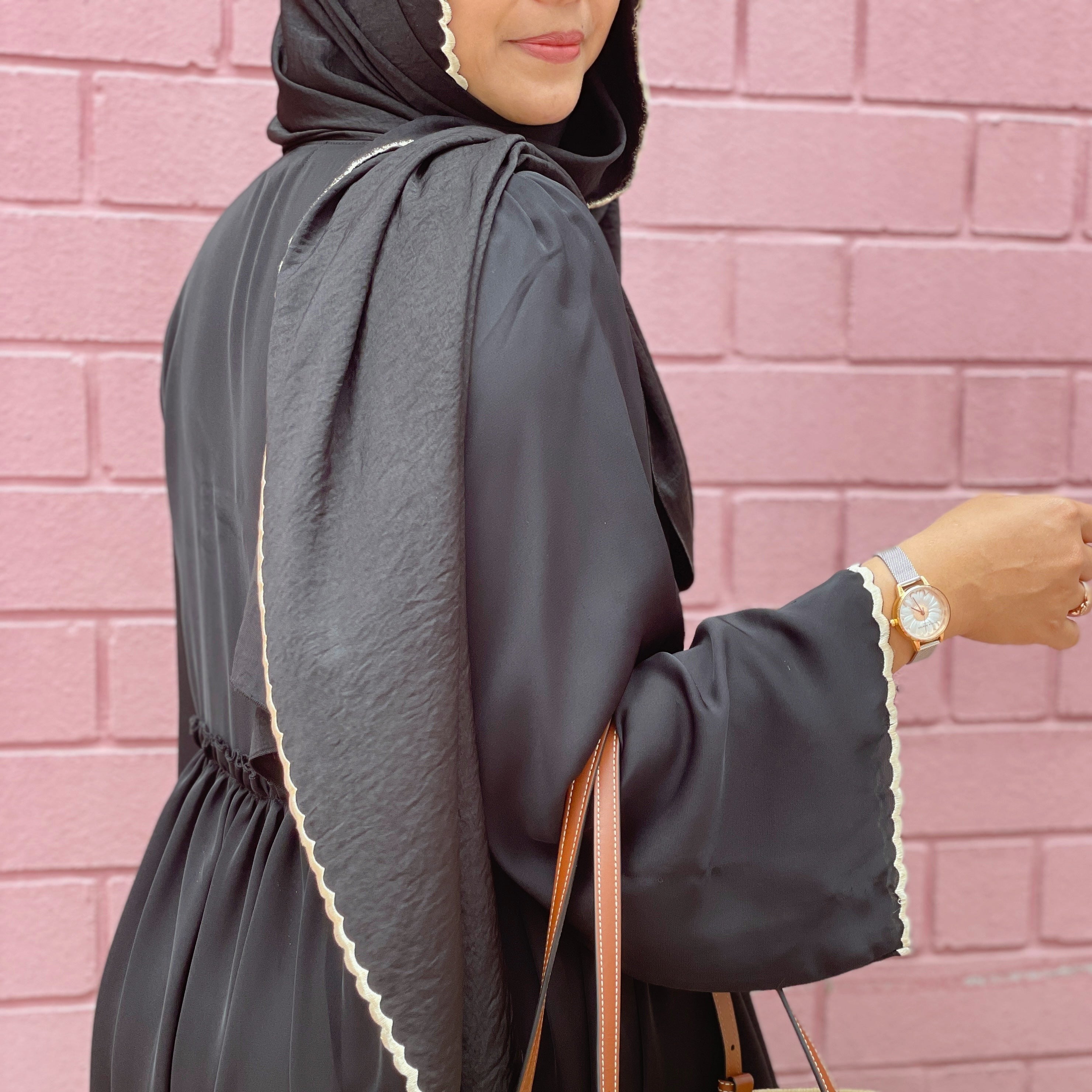  modesty abaya long dress scallop embroidery shawl attached