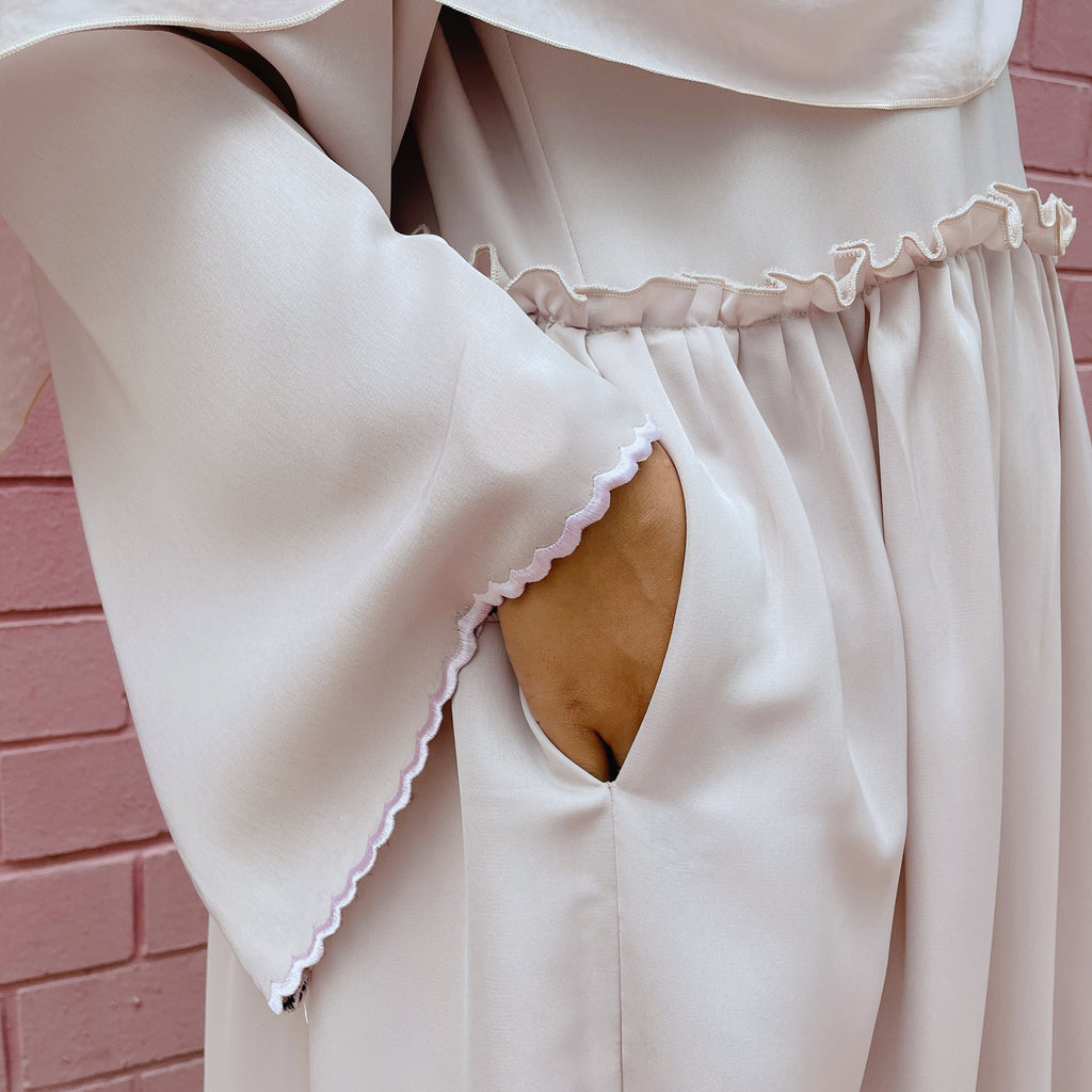  modesty abaya long dress scallop embroidery shawl attached light pink nude blush