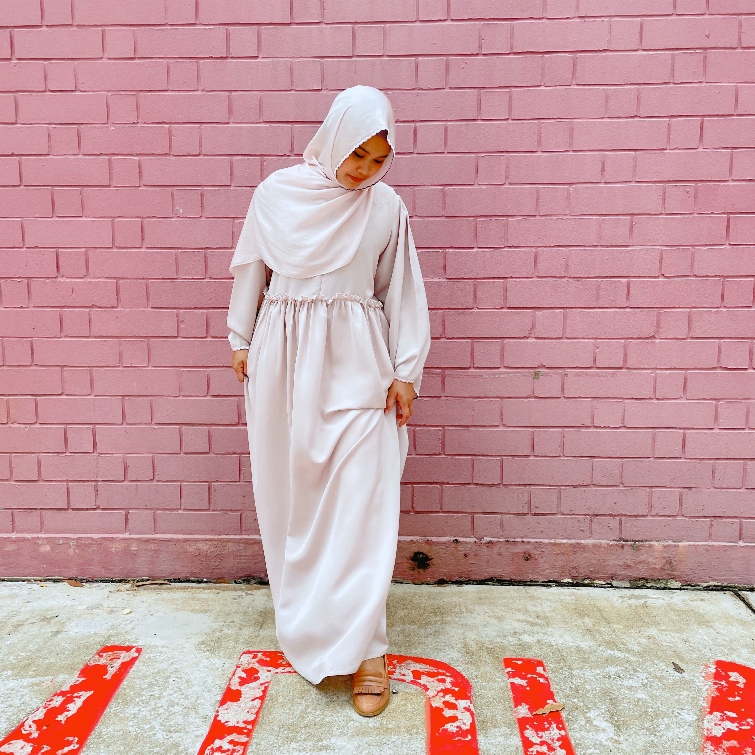  modesty abaya long dress scallop embroidery shawl attached light pink nude blush